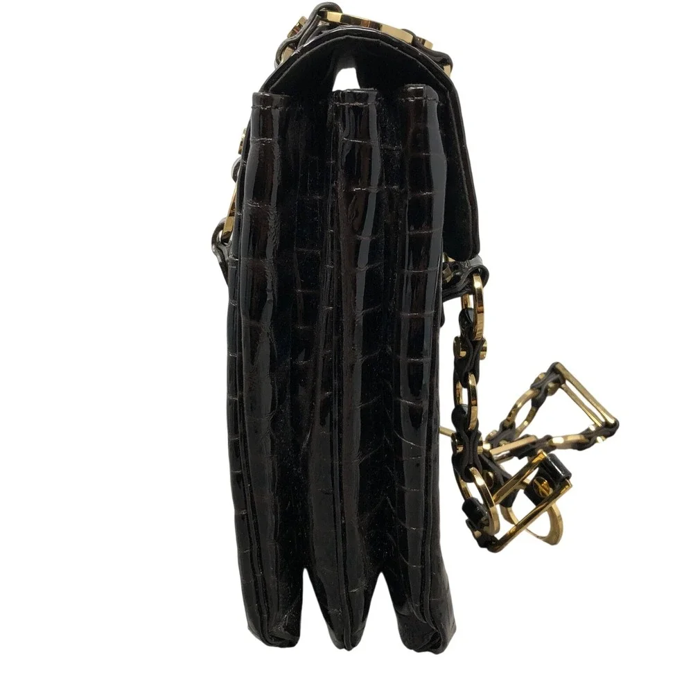 Tory Burch Retired Brown Croc Embossed Patent Leather Shoulder Bag Gold‎ Chain